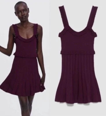 Mini Vestido ZARA Borgoña Sin Mangas Volantes Caídos Detalles Cintura Talla S. Nuevo con Etiquetas Foto 1 de 4