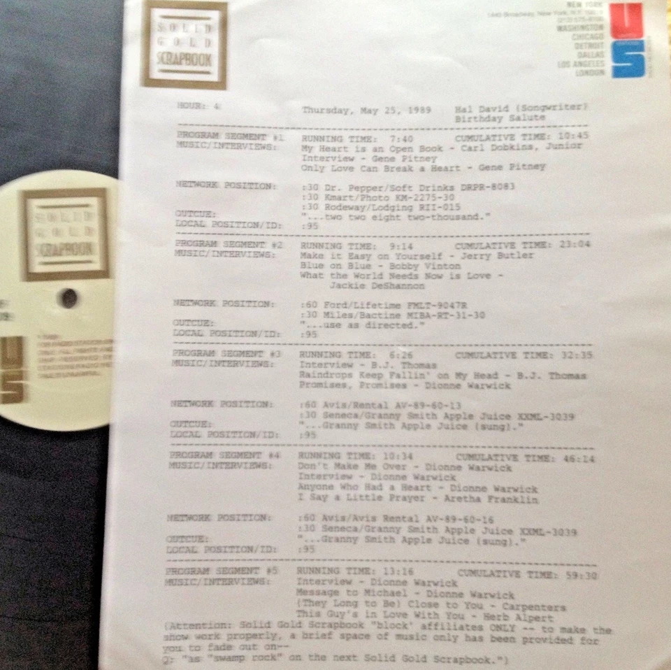 RADIO SHOW: 5/25/89 SONGWRITER HAL DAVID: B.J. THOMAS, DIONNE WARWICK,CARPENTERS - Image 1 of 1