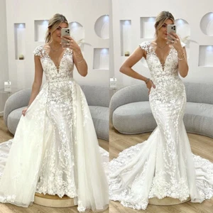 Detachable Train Mermaid Wedding Dresses V Neck Cap Sleeves Tulle Bridal Gowns - Picture 1 of 9
