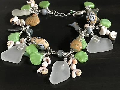 SEA GLASS & SEA SHELL CHARMS BRACELET - HANDMADE ARTISAN - Image 1 of 4
