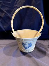 Vintage Pfaltzgraff Blue Tan Folk Art Basket with Handle RARE HTF