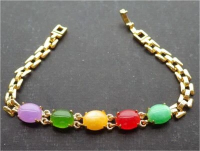 Lavender Green Red Yellow Real Jade Cabochon Beads Gold Plated Bangle Bracelet - Image 1 of 4