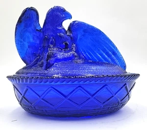 Nesting Eagle Candy Trinket Dish Bowl Lid Cobalt Blue Glass Covered 5.5” Tall - Picture 1 of 22