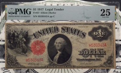 Billete grande 1917 $1 licitación legal sello rojo Fr#37 PMG VF25 #005 muy fino ECC&C Inc Foto 1 de 4