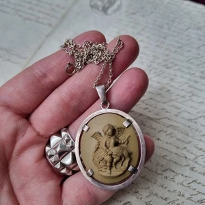 Antique Lava Stone Angel Lamb Silver Cameo Pendant 19th Century Lava Stone Cameo - Picture 1 of 12