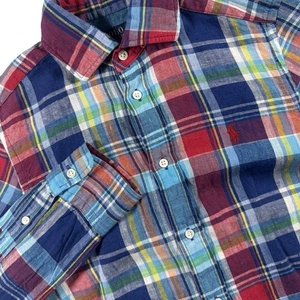 Polo Ralph Lauren Linen Button Up Shirt Men's XS Blue Plaid Preppy Long Sleeve - Picture 1 of 7