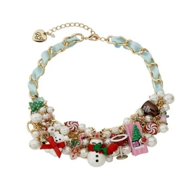 Betsey Johnson Navidad Jingle Bell Bling Dije Bola Babero Collar Dorado/Azul Foto 1 de 4