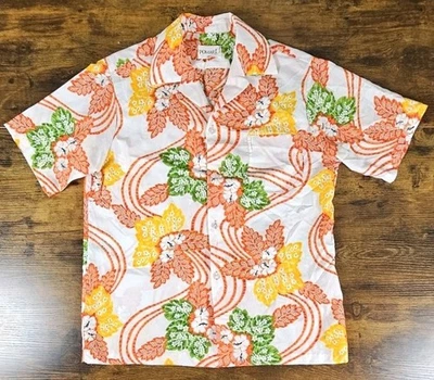 Camisa Aloha Hawaiana Vintage Años 70’s Pomare Rojo Blanco Naranja Hibisco Hombre’s Grande  Foto 1 de 4