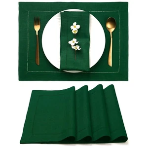 Linen Placemats Set of 4 - Classic Hemstitch Forest Green Placemats 14 x 19 I... - Picture 1 of 8