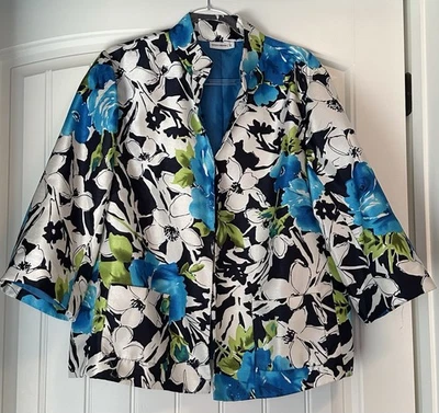 Susan Graver Shantung Mandarin Collar Blue Multi Floral 3/4 Sleeve Jacket Large - Image 1 of 4