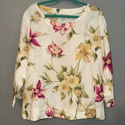 复古热棉方格 100% 亚麻上衣花卉 3/4 袖衬衫女式 XL 码 — 第 1/4 张图片