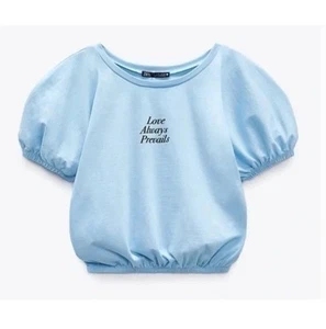 Zara Small Ladies Baby Blue Top Puff Sleeve Cropped Slogan Cinched T-shirt S - Picture 1 of 13