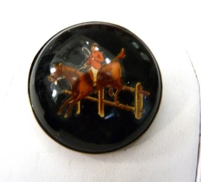 ANTIQUE VINTAGE HORSE STEEPLECHASE REVERSE HAND PAINTED GOOFUS LARGE GLASS PIN - Image 1 of 4