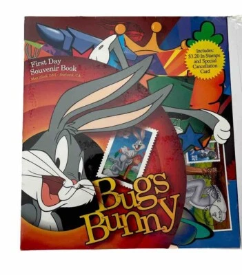 Libro de estampillas de recuerdo del primer día de Bugs Bunny 1997 (10 estampillas de 0,32c desquiciadas) sellado Foto 1 de 4