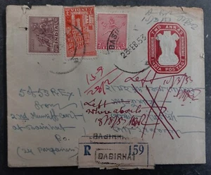 1953 India 2A Stamped Cover ties 4 Stamps cd Basirhat-Whereabout - Picture 1 of 2