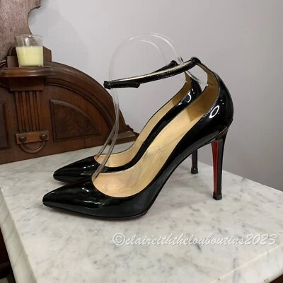 Christian Louboutin Halte 100 Black Patent Ankle Strap Pumps size 39 Pigalle - Image 1 of 4