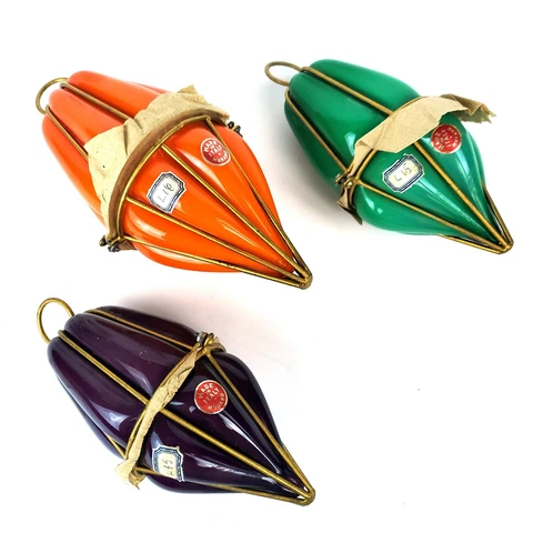 Vintage Murano Italy Caged & Blown Glass Pendants Set of 3 Orange Eggplant Green Cover