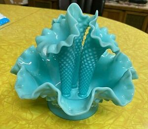 1957 Turquoise Blue Hobnail FENTON Glass 8-1/2" Epergne Bowl 3 Horn Vase Ruffled