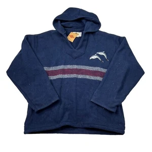 Vintage 90s Dolphin Embriodered Fleece Pullover Hoodie Sweatshirt NEW Blue Large - Picture 1 of 6