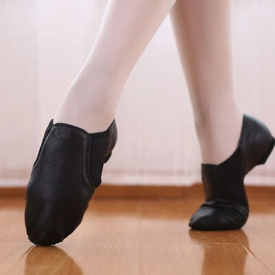 Zapatos de jazz unisex de cuero genuino zapatos planos negros tostados sin cordones para bailar en interiores Foto 1 de 4