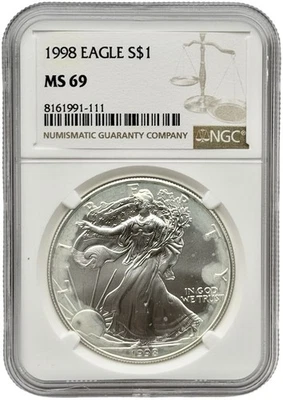 1998 1 oz American Silver Eagle NGC MS69 - Image 1 of 2