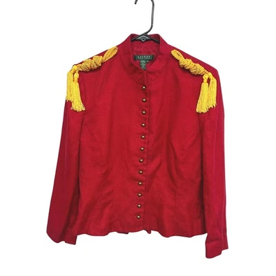Jaqueta militar Lauren Ralph Lauren linho vermelho acabamento borla dourada declaração tamanho 12 - Imagem 1 de 4