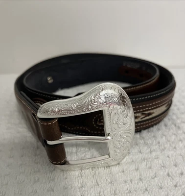 Cinturón de inserción de tela Nocona estilo suroeste incrustación en hebilla plateada media marrón Foto 1 de 4