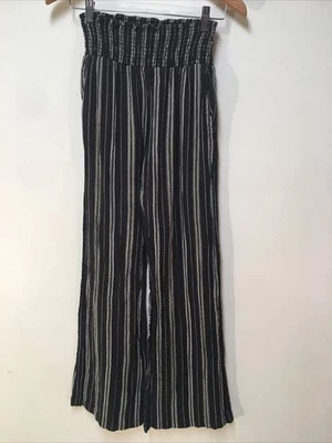 Billabong Women L Pants Black Striped Crepe Crinkle Bootcut 100% Cotton Paperbag - Image 1 of 4