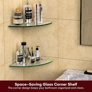 Set of 2 Glass Bathroom Shelves, Glass Corner Shelf Wall Mount, Shower Corner - Picture 1 of 6