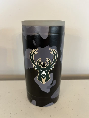 Milwaukee Bucks 12oz. Slim Can Cooler Coolie Black And Gray Camo Logobrands NEW Cover