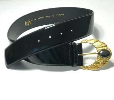 Cinturón para mujer Magid XS negro de colección charol vinilo mod ornamentado dorado hebilla ancho damas Foto 1 de 4