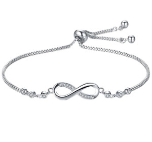 Women Infinity Charm White Gold Plated Silver Slide Adjustable Chain Bracelet S2
