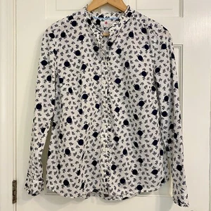 Boden Bluse mit Knopfleiste Rüschen am Ausschnitt Blumen gepunktet weiß blau Größe 8 - Bild 1 von 19