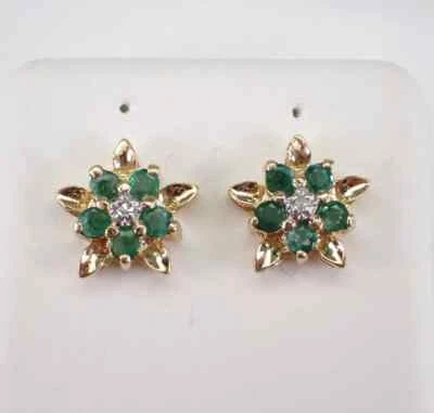 0.40Ct Round Cut Lab Created Emerald Flower Stud Earrings 14K Yellow Gold Plated - Image 1 of 4