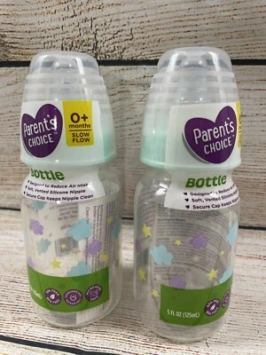 PARENT'S CHOICE TWO PACK 5 oz Bottle 0+ Slow Flow Nipple Green Stars Clouds - Image 1 of 3