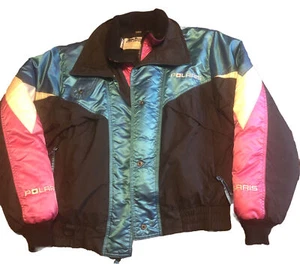 Vintage Polaris Racing Snowmobile Winter Ski Puffy Jacket Size L Pink Teal - Picture 1 of 5