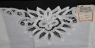 2 Handmade Vintage Cotton White Standard Pillowcases Lace Cut Work 30x20 NEW - Image 1 of 4
