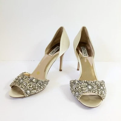 Badgley Mischka Maria Ivory Satin Peep Toe Pumps Sz 10 Crystal Beaded Rhinestone - Image 1 of 4