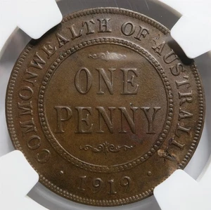 AUSTRALIA 1 Penny 1919 NGC MS62 BN UNC Dot below scroll George V Britain Bronze - Picture 1 of 8