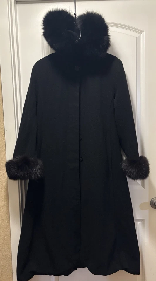 Abrigo largo Marvin Richards ribete de piel negro para mujer 14 vintage hecho en EE. UU. Foto 1 de 4