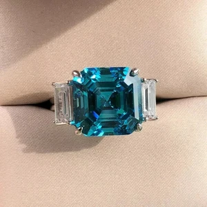 Anillo para mujer con topacio azul creado en laboratorio corte Asscher de 3 quilates enchapado en oro blanco de 14 quilates - Imagen 1 de 10