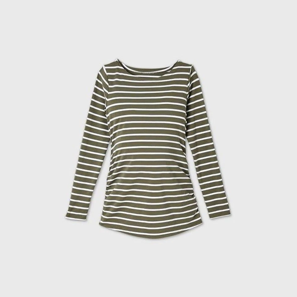 Ingrid & Isabel Long Sleeve Side Shirred Maternity T-Shirt - Olive/White XXL 18 - Image 1 of 1