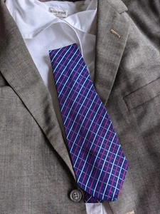 VINTAGE MEN’S BLUE RAYON W RED & WHITE STRIP TIE BY HABAND OLD STOCK - Picture 1 of 3