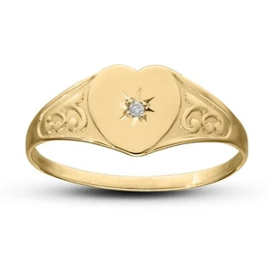 9ct Gold Kid' Signet with Diamond set, first diamond for Girl, Heart Signet size - Picture 1 of 6