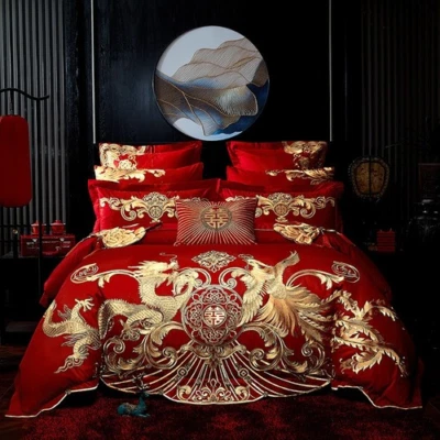 Red Luxury Gold Phoenix Loong Embroidery Chinese Wedding Bedding Set Bed Sheet - Image 1 of 4