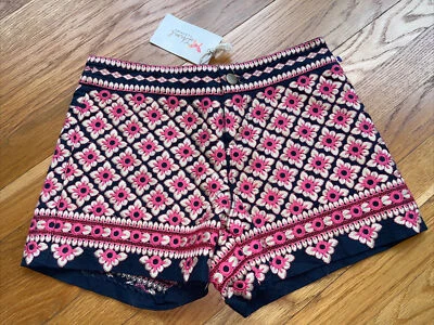 Pantalones Cortos Anthropologie THML Forrados Algodón y Lino Bordados Talla XS Rosa Azul Marino NUEVO Foto 1 de 4