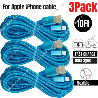 Lote de 1/3 cables de carga rápida cable cargador USB de 10 pies para iPhone 12 11 8 7 6 XS Foto 1 de 4