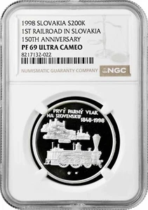 Slovakia 200 korun 1998, NGC PF69 UC, "150th Ann. - Railway in Slovakia" Top Pop - Picture 1 of 2