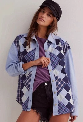 CAMISA FREE PEOPLE WE THE FREE ARGYLE XADREZ PATCHWORK AZUL BOTÃO PARA BAIXO TAMANHO XS - Imagem 1 de 4