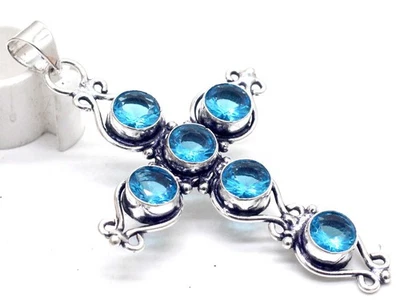 925 Sterling Silver Swiss Blue Topaz Gemstone jewelry Handmade Cross Pendant - Image 1 of 2